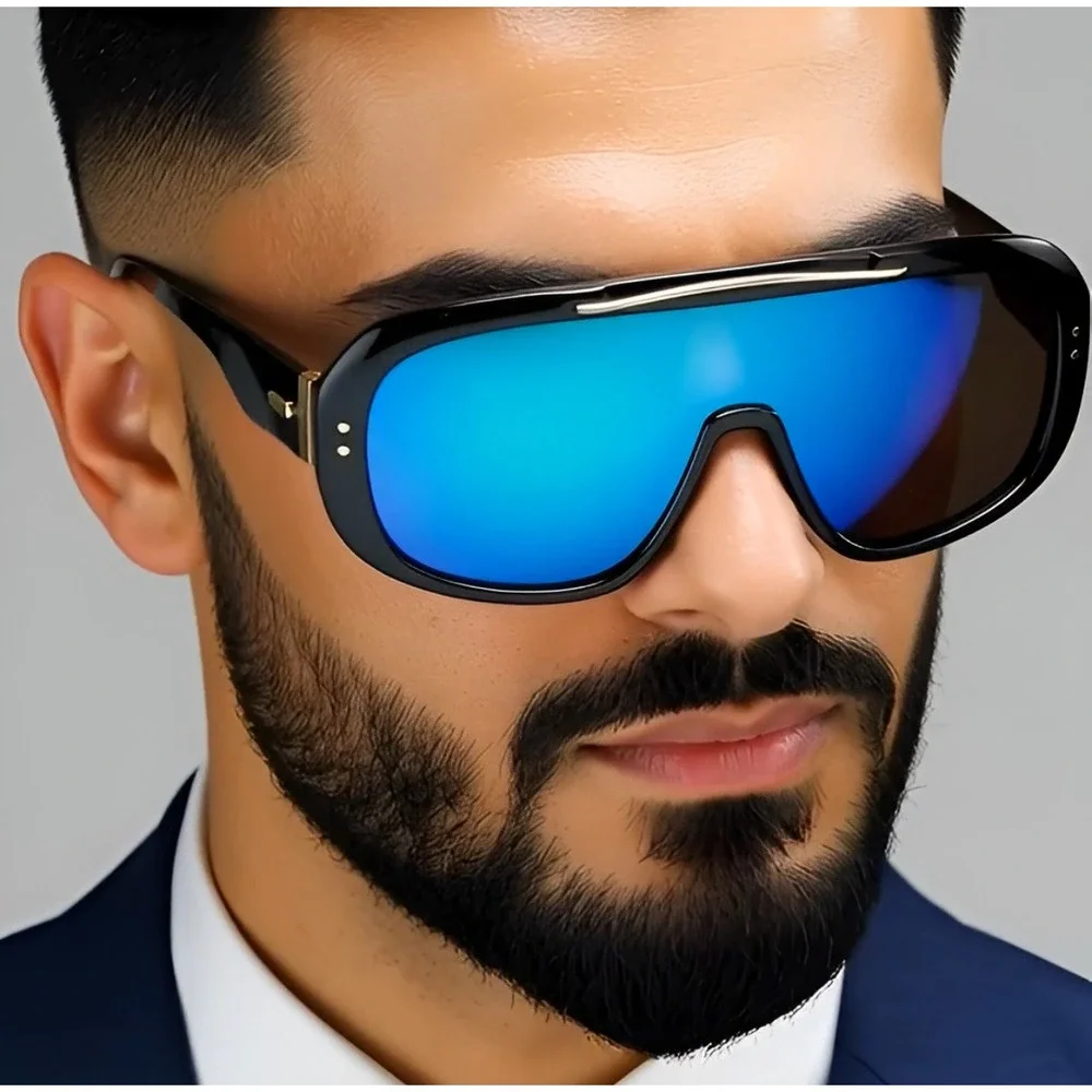 Men Sunglasses Oversized XL Fashion‎ Blue Mirror Lens Luxury Street Wear Lentes